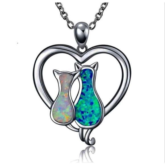 BLUE AND WHITE OPAL KITTY CAT LOVE NECKLACE - Picture 2 of 5
